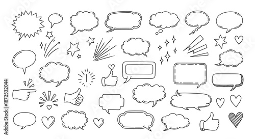 Collection of various speech bubbles and icons in a minimalist line art style on a white background