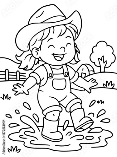 Child's Playful Plunge: A gleeful child, adorned in a cowboy hat and boots, joyfully leaps into a puddle of water on a sunny day. Capturing the pure, unadulterated essence of childhood delight.