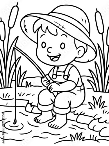 Boy's Fishing Adventure: A young boy sits on the bank, immersed in the tranquil sport of fishing, surrounded by the peacefulness of the water and the gentle sway of the reeds.