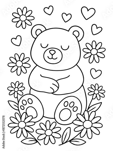 Teddy Bear Surrounded by Flowers: A charming illustration featuring a teddy bear surrounded by whimsical flowers and hearts, perfect for adding a touch of sweetness.