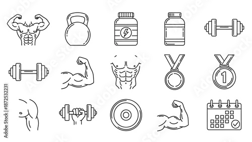 Fitness icons collection featuring various exercise equipment and symbols