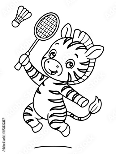 Zebra with Badminton: An adorable zebra character is engaged in a game of badminton, showcasing its playful side. With racquet in hand and shuttlecock in air.