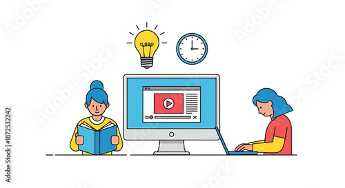 Two individuals collaborating on a video project using a computer with an idea and time concept in the background