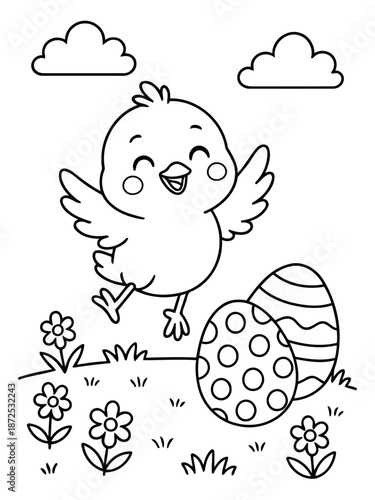 Cheerful Chick and Easter Eggs: A joyous chick dances happily near colorful Easter eggs in a spring meadow. A scene bursting with the festive spirit of spring. 
