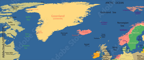 Vector political world map. Fragment of geographical atlas with greenland,
iceland, denmark strait, labrador sea, canada,
baffin and ellesmere island, norway, ireland, united kingdom, faroe islands. 