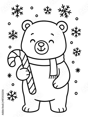 Winter Bear's Sweet Treat: An adorable cartoon bear, wrapped in a cozy scarf, beams with delight while holding a festive candy cane amidst a flurry of snowflakes.