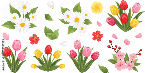 Vibrant floral arrangements and lush greenery displayed in a visually appealing graphic design