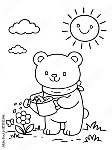 The Caretaker: A charming illustration shows a cuddly bear nurturing a flower. This whimsical artwork captures a moment of kindness and care.