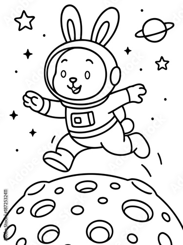 Cosmic Bunny's Moonwalk: A whimsical black-and-white illustration captures a cheerful bunny astronaut joyfully bouncing on the moon's surface, amidst stars and planets.