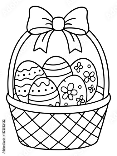 Basket of Decorated Eggs: A beautifully crafted basket overflowing with brightly decorated Easter eggs, each with a unique design and a charming bow adorning the handle.