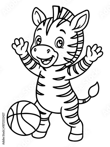 Zebra with Basketball: A cute zebra illustration in black and white playfully poses with a basketball, the zebra ready to play a game.