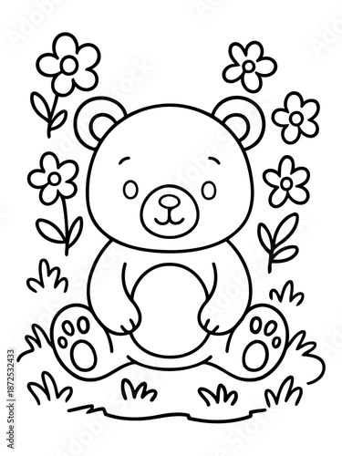 Cute Bear with Flowers: An adorable illustration of a cuddly bear surrounded by delicate flowers and foliage, evoking a sense of innocence and joy. 