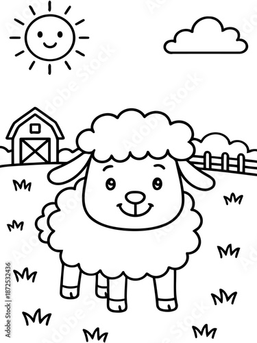 Cheerful Sheep in the Farm: A cheerful sheep stands proudly in a farm. with sunny day and happy face. A scene that embodies the simplicity and innocence of farm life