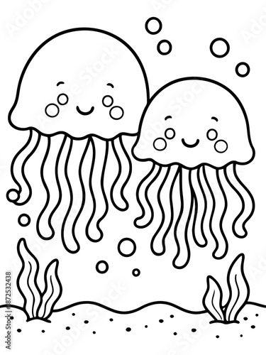 Ocean's Dance: Two cheerful jellyfish glide gracefully through the depths, their translucent bodies and playful tentacles creating a mesmerizing underwater ballet. 