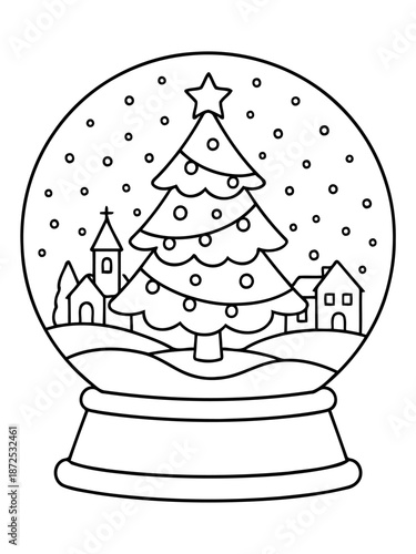 Festive Snow Globe Illustration: A charming black and white illustration of a snow globe, showcasing a decorated Christmas tree with houses and a church in a wintery scene. 