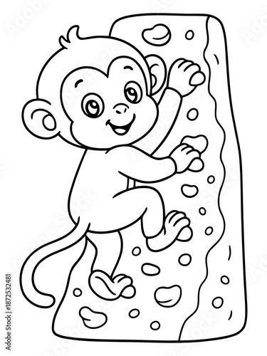 Monkey Climbing: A cheerful cartoon monkey scales a rocky surface, radiating positivity and determination. The image conveys the spirit of adventure and challenge.