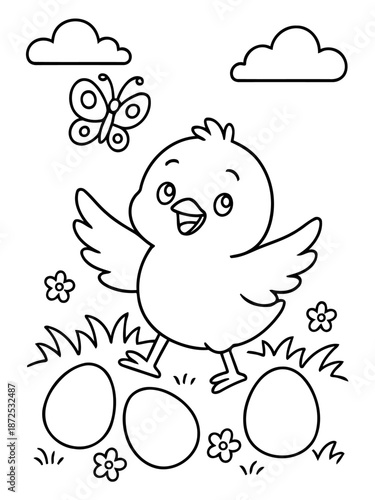 Cheery chick illustration: A joyful chick, surrounded by springtime symbols, spreads its wings under a cheerful sky.