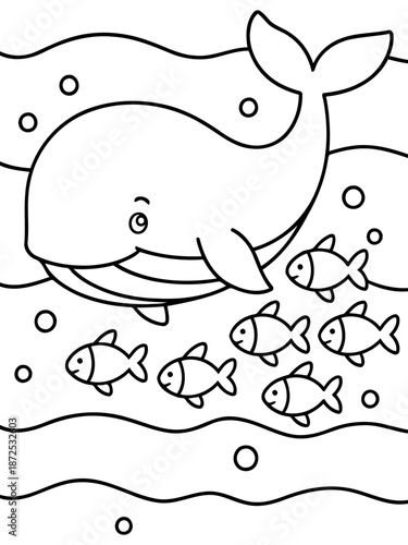 Whale and Fish in the Sea: a charming monochrome illustration capturing a whale alongside a school of fish. perfect for coloring and educational purposes.