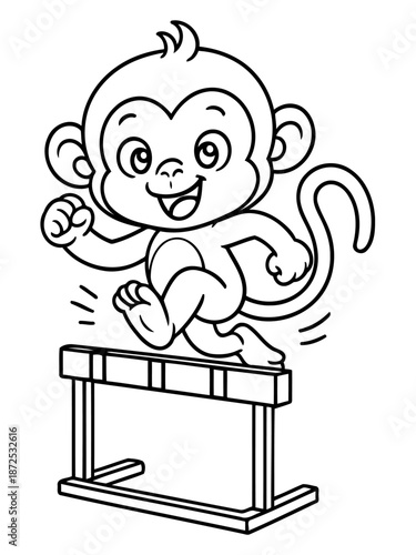 Monkey Jumping Hurdle: A cheerful cartoon monkey confidently leaps over a hurdle, showcasing agility and determination in a dynamic illustration.