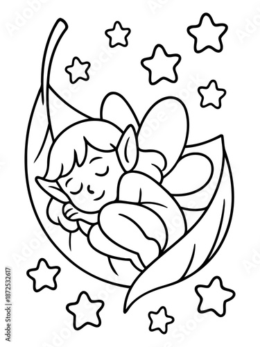 Dreaming Fairy in Leaf Cradle: A serene fairy sleeps soundly in a cozy leaf cradle, surrounded by twinkling stars, creating a whimsical scene of peace and tranquility.