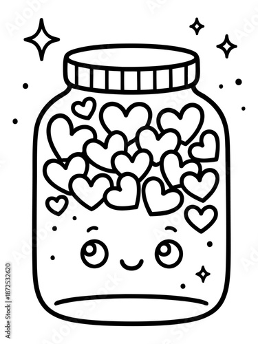 Jar of Hearts: A whimsical jar, filled with adorable heart-shaped tokens and cheerful face, conveys love and affection in a simple, playful design.