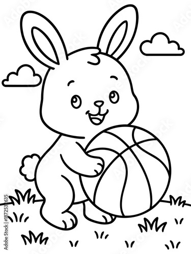 Playful Rabbit with Basketball: A cute rabbit stands with a basketball, smiling in anticipation of a fun game, set against a cheerful backdrop.