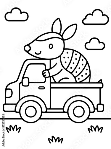 Armadillo on a Truck: An adorable cartoon armadillo confidently rides in the back of a vintage pickup truck, rolling through a cartoon landscape of sunny skies and fluffy clouds.