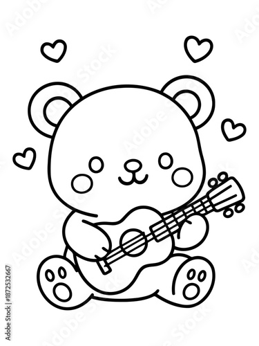 Serenade Bear: A delightful outline image of a cute bear playing the ukulele, surrounded by hearts, perfect for adding a touch of playful charm