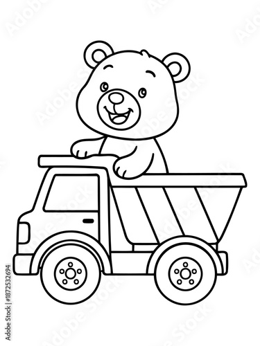 Bear Driver's Joyride: A cheerful, cartoon-style bear is happily perched in the driver's seat of a toy truck, a delightful image of childhood joy and playful imagination.