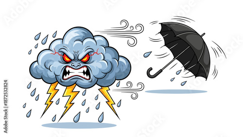 A cartoon storm cloud with lightning and an umbrella blowing inside out in a strong gust of wind outdoors.