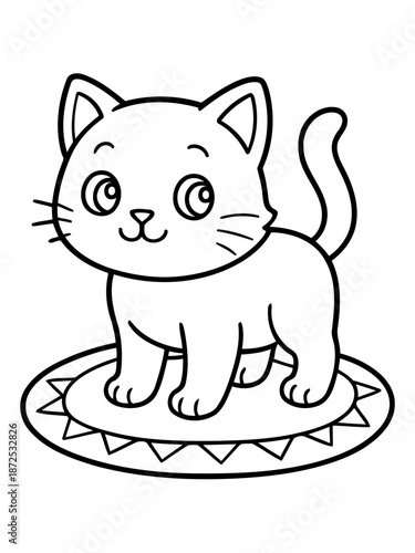 Playful Kitten in Contemplation: An adorable kitten stands poised atop a decorative mat, embodying innocence and curiosity. Its large eyes and upturned mouth evoke a sense of warmth and affection.