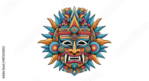 Vibrant tribal mask illustration with intricate patterns and designs, showcasing a fierce expression, symbolizing cultural heritage and traditional artistry.