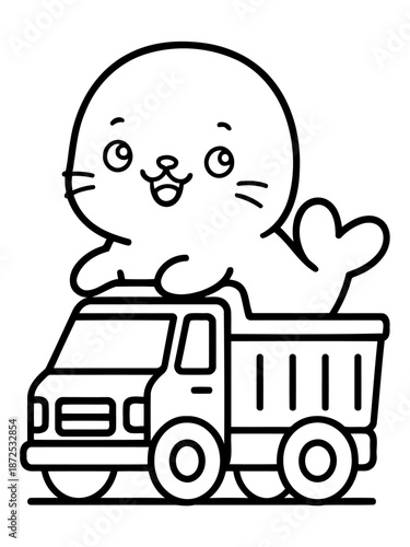Sea Lion's Adventure in a Truck: A delightful illustration showcases a charming sea lion joyfully riding in a toy truck, embodying fun, playfulness, and imagination.