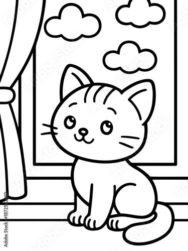 Whimsical Kitty's Window View: A charming, cartoon-style kitten perches by a window, gazing out at fluffy clouds, in a delightful scene filled with innocence and wonder.