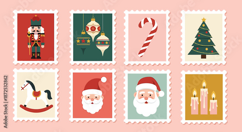 Vibrant Christmas icons set on soft pink background featuring festive characters and symbols