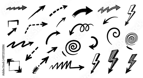 A collection of various black hand-drawn arrows and symbols on a white background