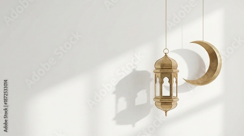 Minimal Ramadan background with a single Islamic lantern and crescent moon, clean white background, soft natural shadow