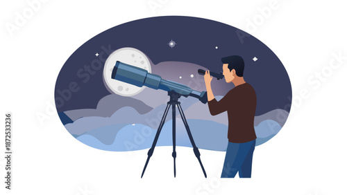Man Observing Stars with Telescope Night Illustration