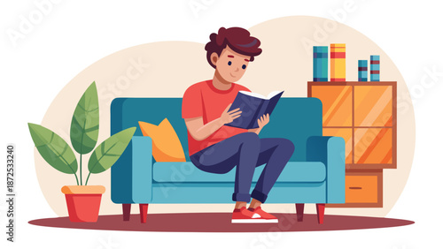 Young Man Reading Book at Home Illustration