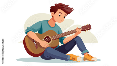 Young Man Playing Acoustic Guitar Music Illustration