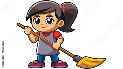 Cute Girl Sweeping Floor House Cleaning Illustration
