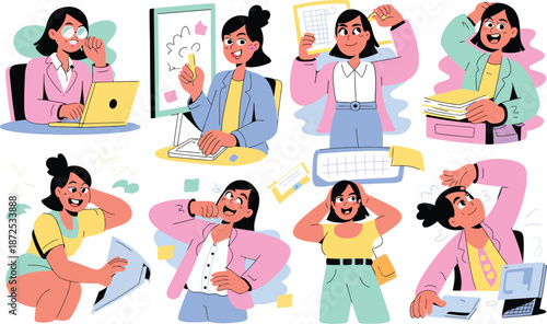 Collection of female professionals expressing a range of emotions and actions in a modern office setting, showcasing workplace dynamics and personal reactions