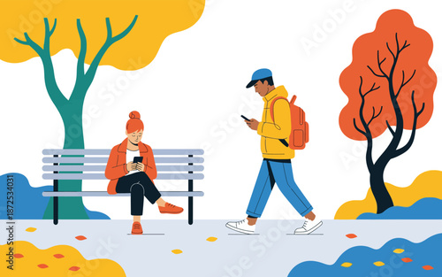 People using smartphones in a park during autumn, enjoying technology amidst nature's beauty and fall colors
