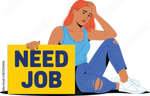 Young woman distressed with 'Need Job' sign, symbolizing unemployment and the search for work opportunities