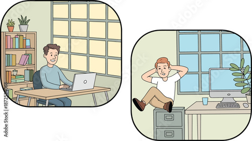 Two individuals engaging in various activities at their respective workstations, one working on a laptop and the other exercising