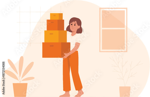 Young woman carrying stack of moving boxes with plants and window in background, illustration for home moving or relocation services