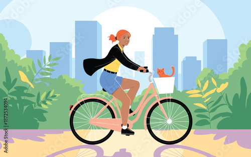 A woman with ginger hair rides a pink bicycle through a city park, with lush green trees and skyscrapers in the background, promoting an active lifestyle