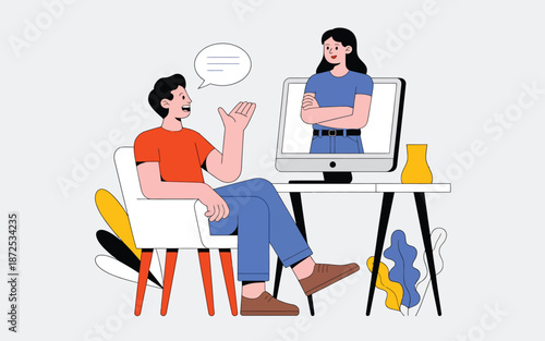 Illustration of a man and a woman communicating online via video call on a computer screen