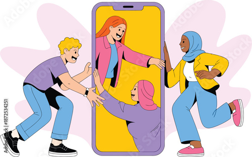 Connecting with loved ones through technology, vibrant illustration showcasing digital communication and social interaction, people reaching out via smartphone