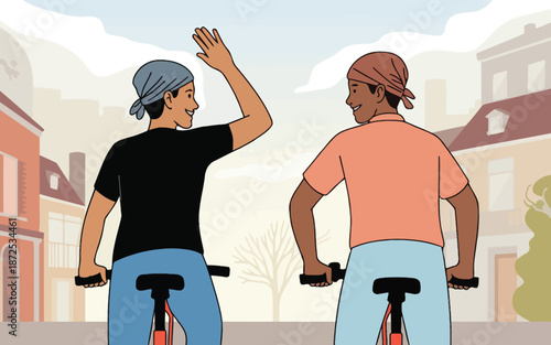 Two friends high-fiving while riding bicycles in a city with buildings in the background, celebrating togetherness and outdoor activity